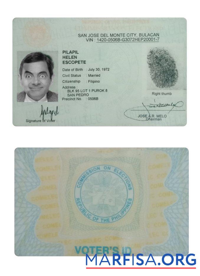 Printable Philippines San Jose Del Monte voters ID card example